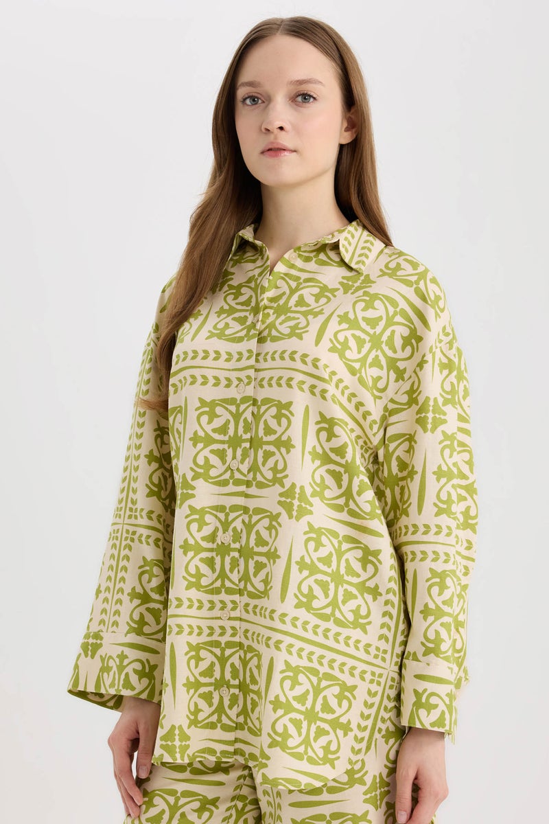 DeFacto Green Woman Relax Fit Printed Linen Blend Long Sleeve Tunic Casual - Image 4